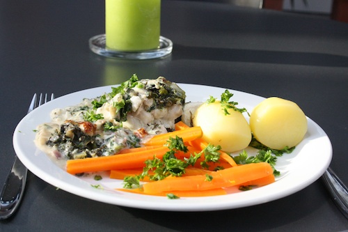 Sejfilet på spinatbund med oste/hvidvinssauce, 6 pers.